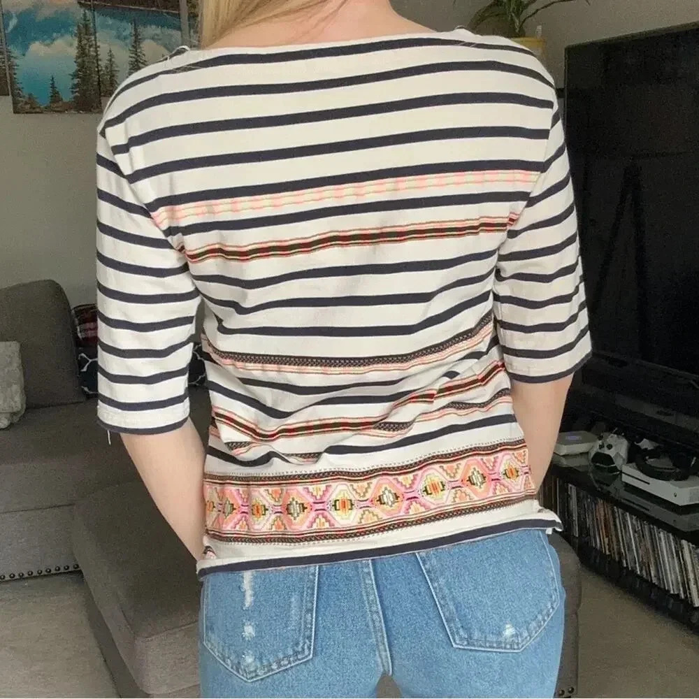 J. Crew Striped Embroidered 1/2 Sleeve Top Small - Picture 5 of 9